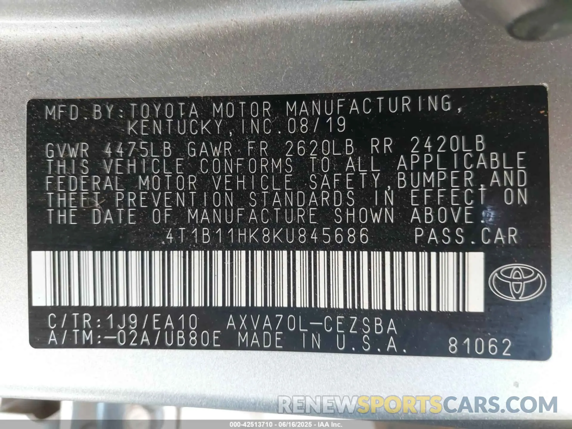 9 fotografías del automóvil dañado 4T1B11HK8KU845686 TOYOTA CAMRY 2019