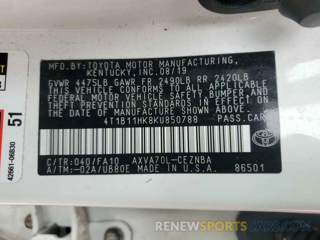 13 fotografías del automóvil dañado 4T1B11HK8KU850788 TOYOTA CAMRY 2019