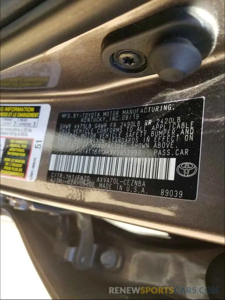 10 fotografías del automóvil dañado 4T1B11HK8KU852993 TOYOTA CAMRY 2019