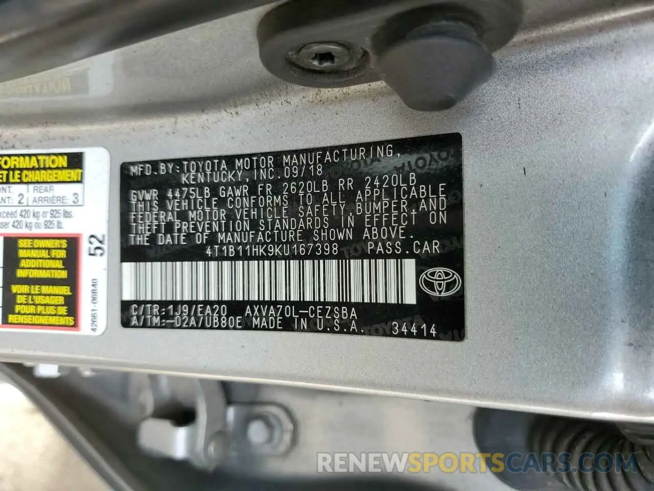 14 fotografías del automóvil dañado 4T1B11HK9KU167398 TOYOTA CAMRY 2019