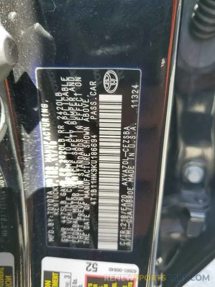 12 fotografías del automóvil dañado 4T1B11HK9KU186694 TOYOTA CAMRY 2019