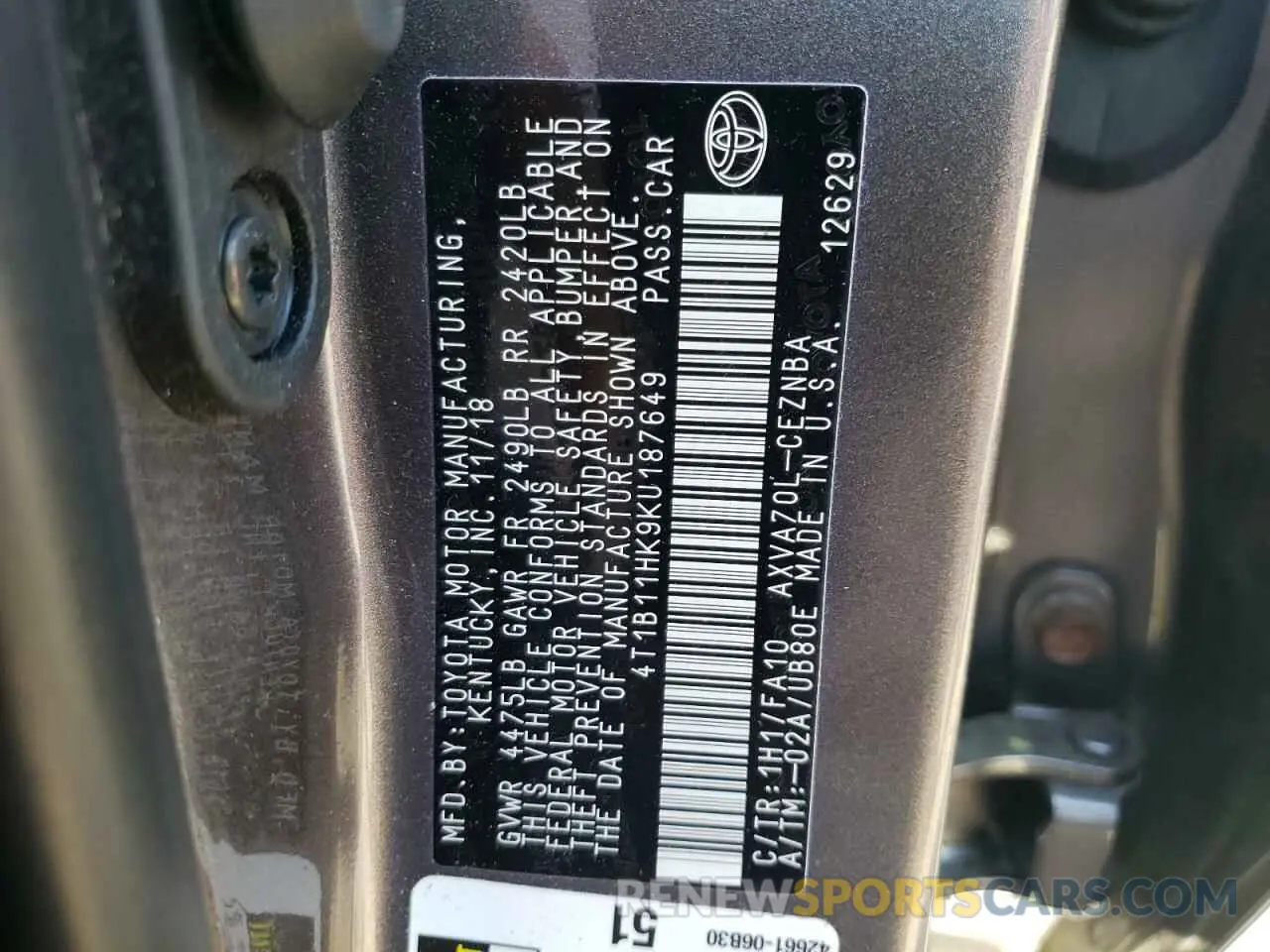 10 fotografías del automóvil dañado 4T1B11HK9KU187649 TOYOTA CAMRY 2019