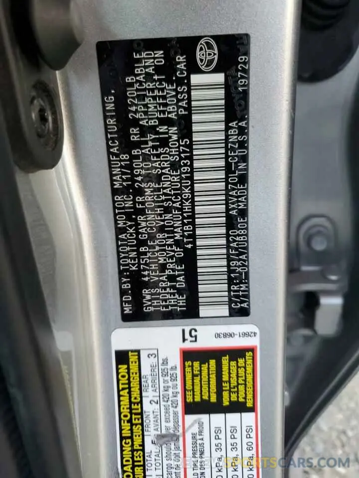 13 fotografías del automóvil dañado 4T1B11HK9KU193175 TOYOTA CAMRY 2019