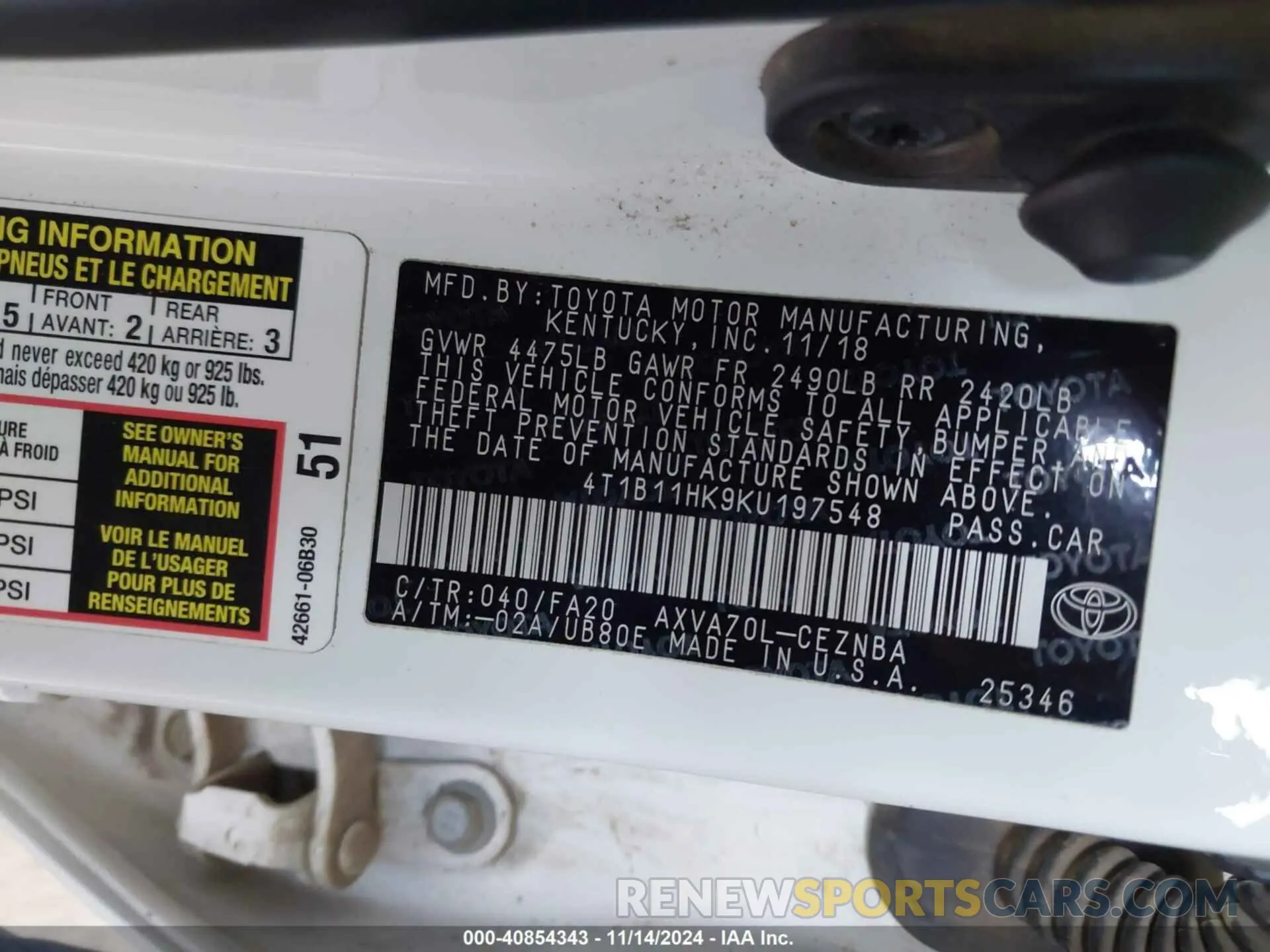 9 fotografías del automóvil dañado 4T1B11HK9KU197548 TOYOTA CAMRY 2019