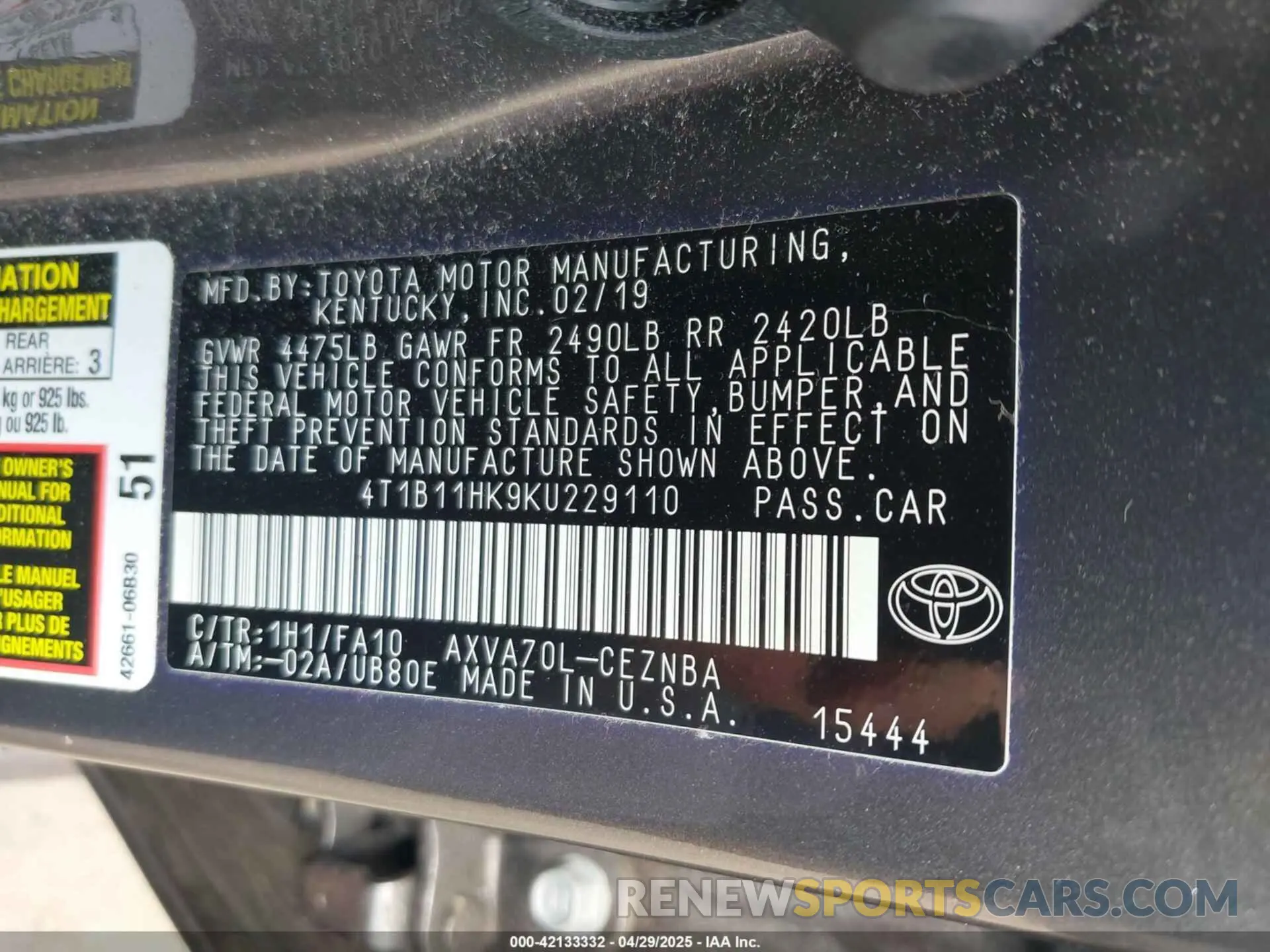 9 fotografías del automóvil dañado 4T1B11HK9KU229110 TOYOTA CAMRY 2019