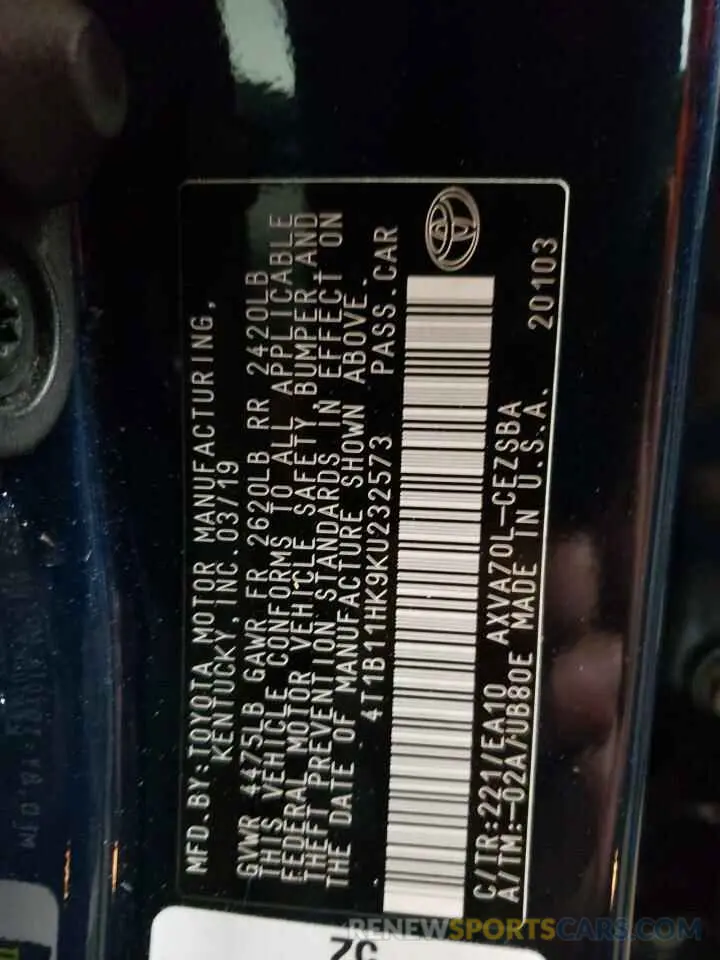 10 fotografías del automóvil dañado 4T1B11HK9KU232573 TOYOTA CAMRY 2019