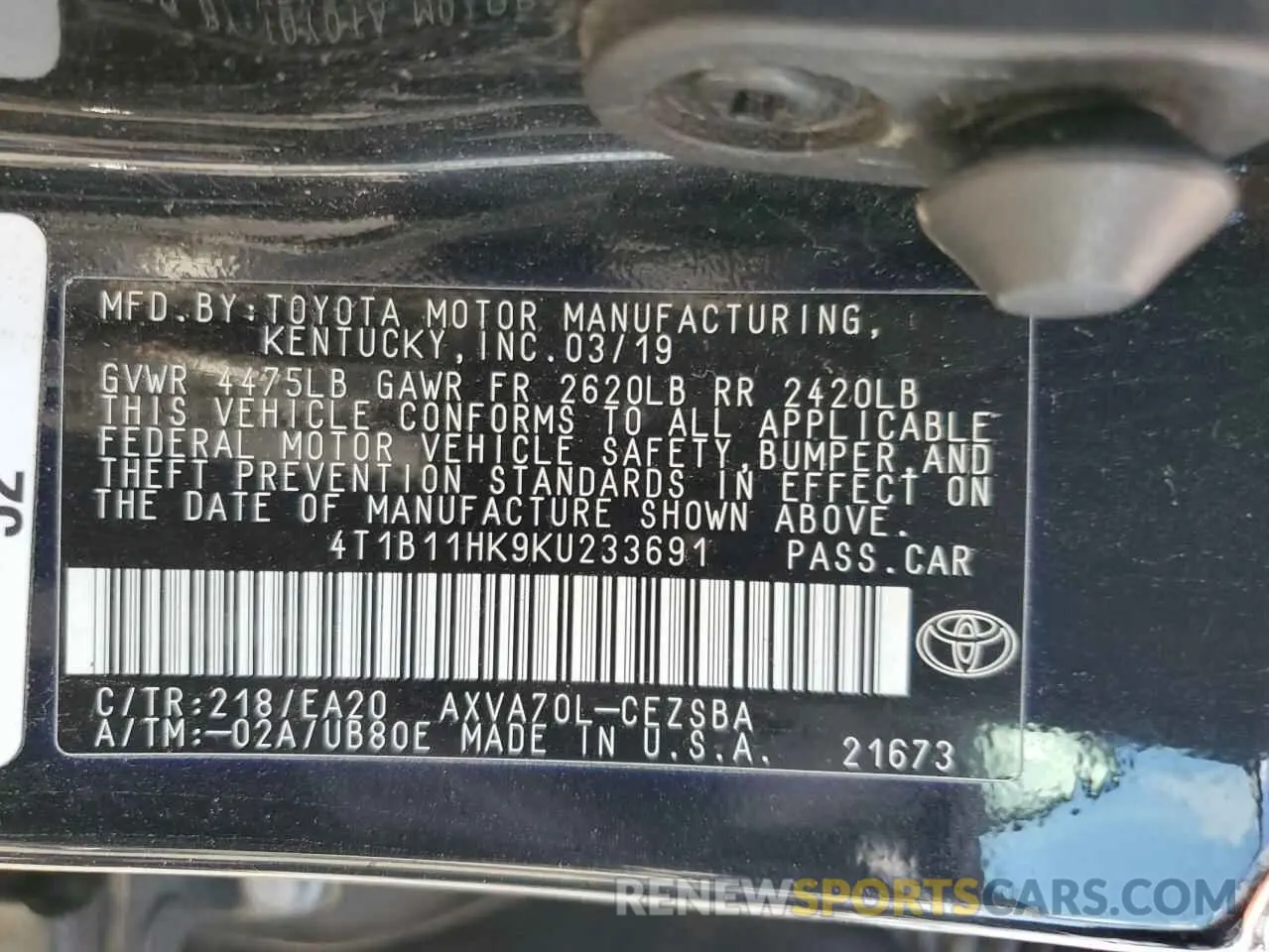 12 fotografías del automóvil dañado 4T1B11HK9KU233691 TOYOTA CAMRY 2019