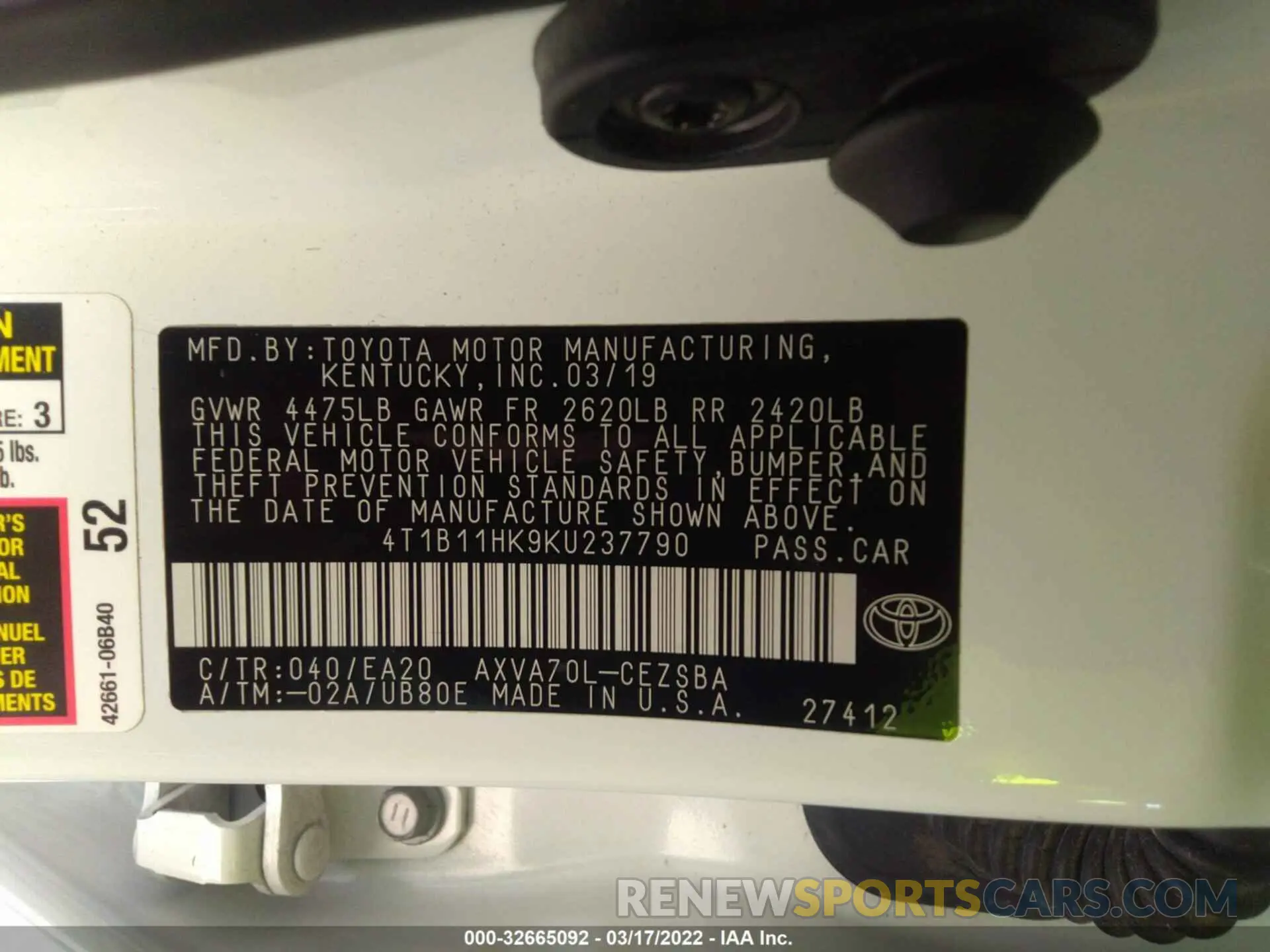 9 fotografías del automóvil dañado 4T1B11HK9KU237790 TOYOTA CAMRY 2019