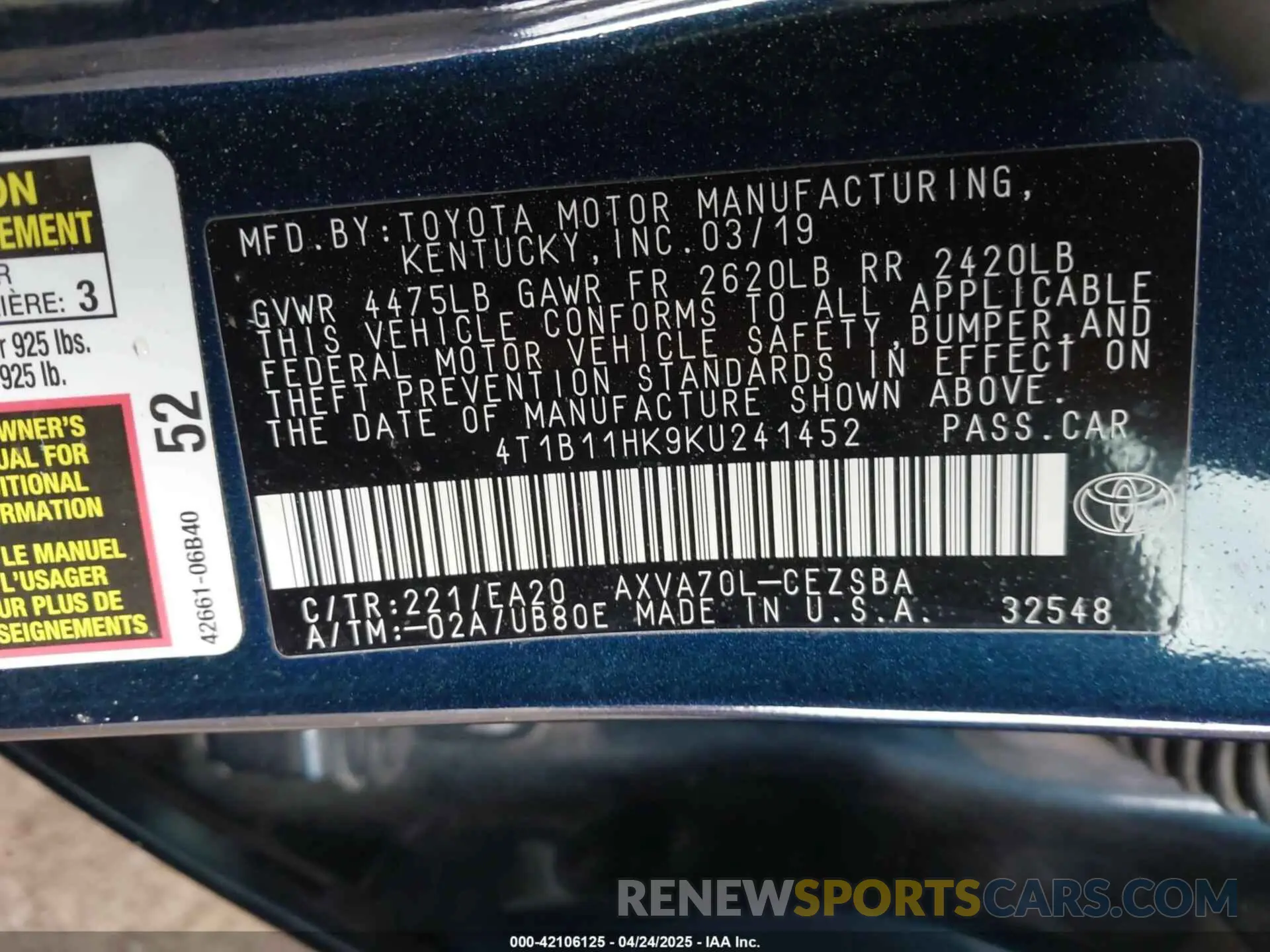 9 fotografías del automóvil dañado 4T1B11HK9KU241452 TOYOTA CAMRY 2019