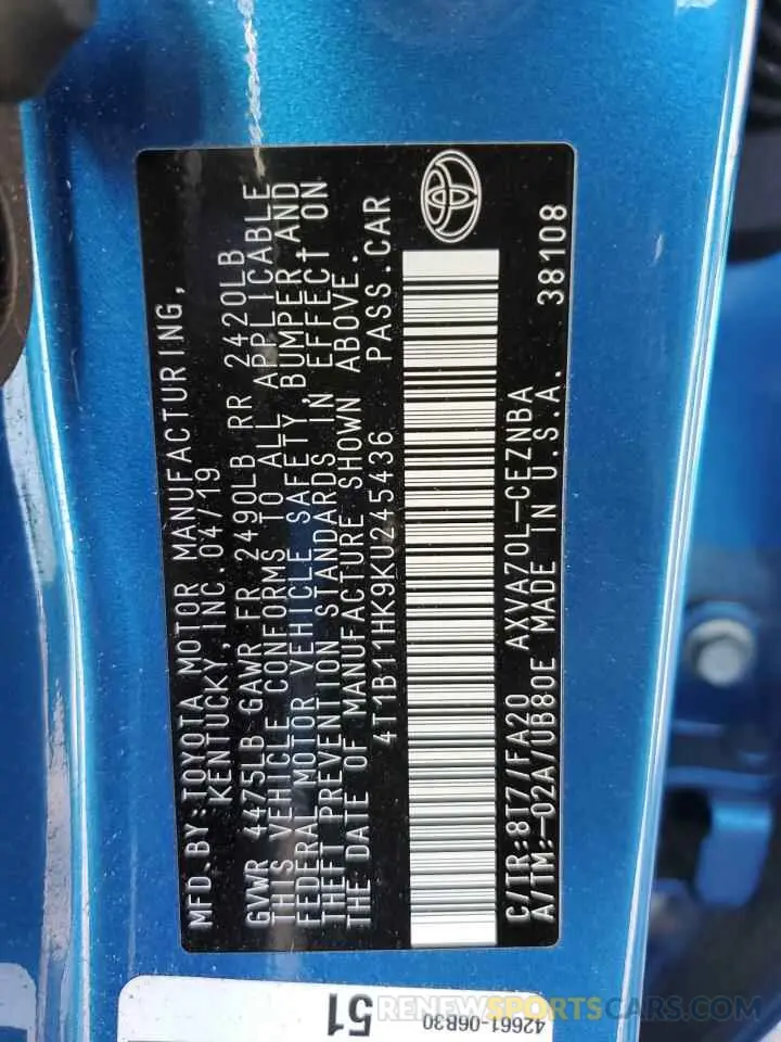 12 fotografías del automóvil dañado 4T1B11HK9KU245436 TOYOTA CAMRY 2019