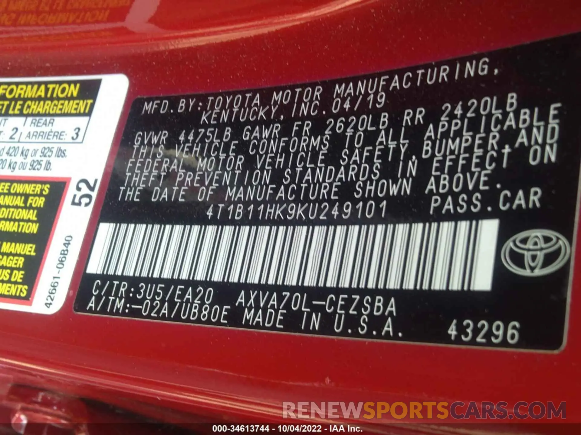 9 fotografías del automóvil dañado 4T1B11HK9KU249101 TOYOTA CAMRY 2019