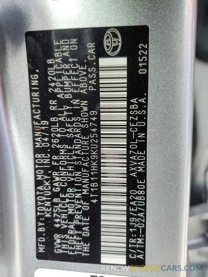 13 fotografías del automóvil dañado 4T1B11HK9KU254749 TOYOTA CAMRY 2019