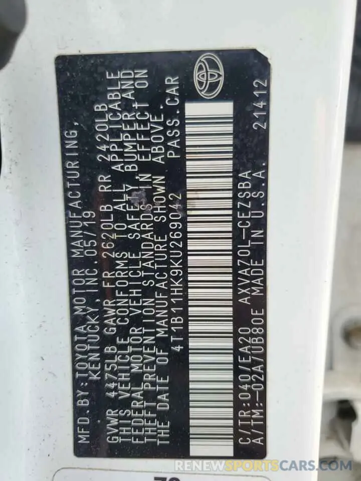 15 fotografías del automóvil dañado 4T1B11HK9KU269042 TOYOTA CAMRY 2019