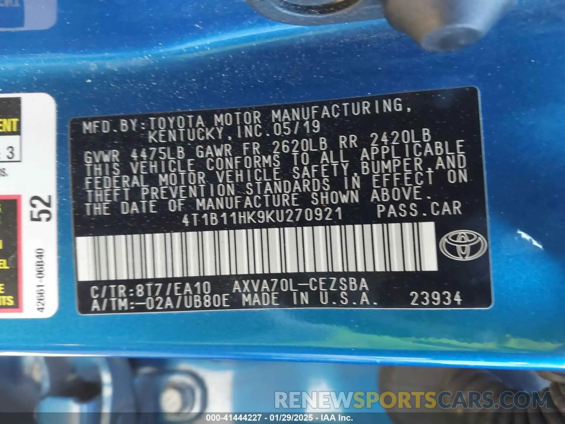 9 fotografías del automóvil dañado 4T1B11HK9KU270921 TOYOTA CAMRY 2019