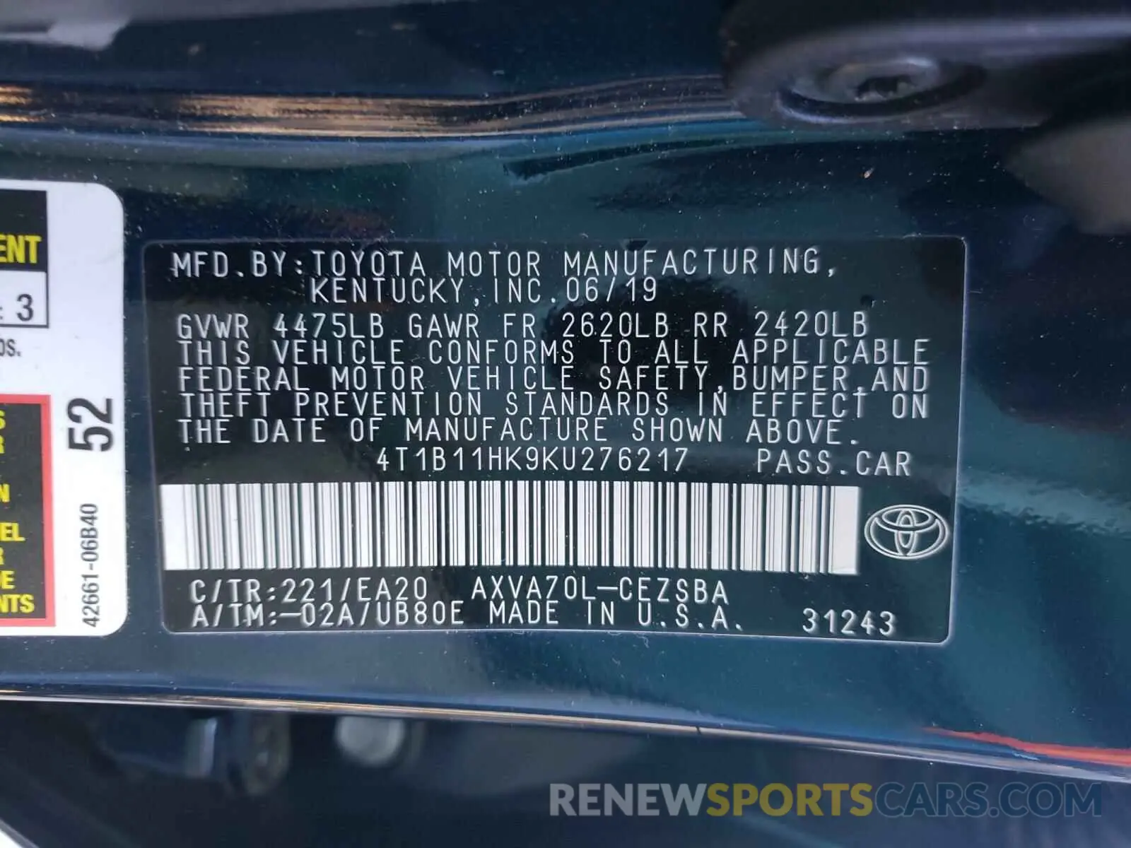 10 fotografías del automóvil dañado 4T1B11HK9KU276217 TOYOTA CAMRY 2019