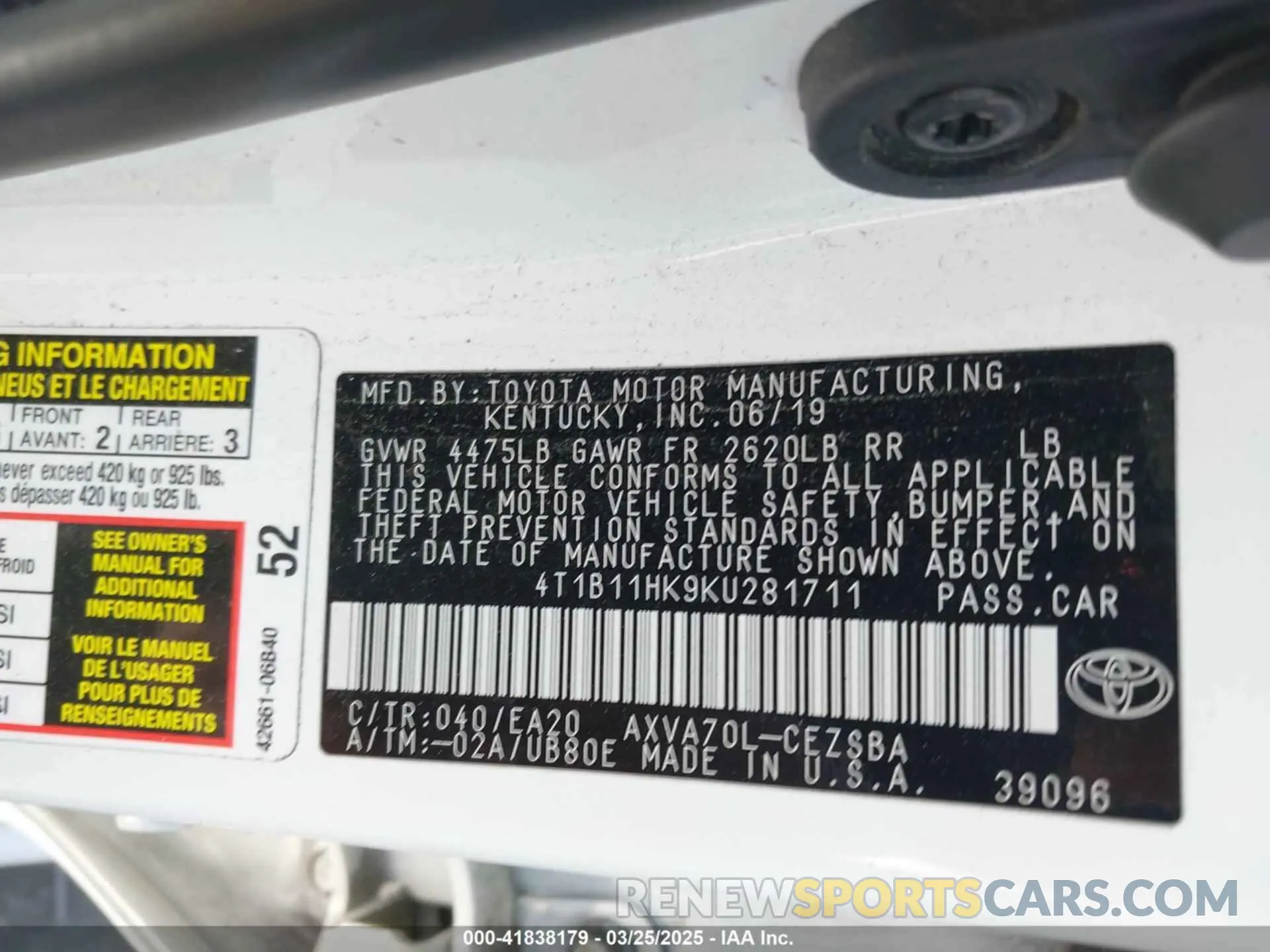 9 fotografías del automóvil dañado 4T1B11HK9KU281711 TOYOTA CAMRY 2019