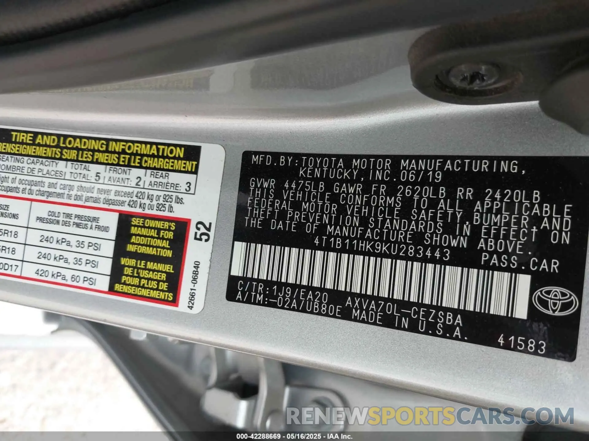 9 fotografías del automóvil dañado 4T1B11HK9KU283443 TOYOTA CAMRY 2019