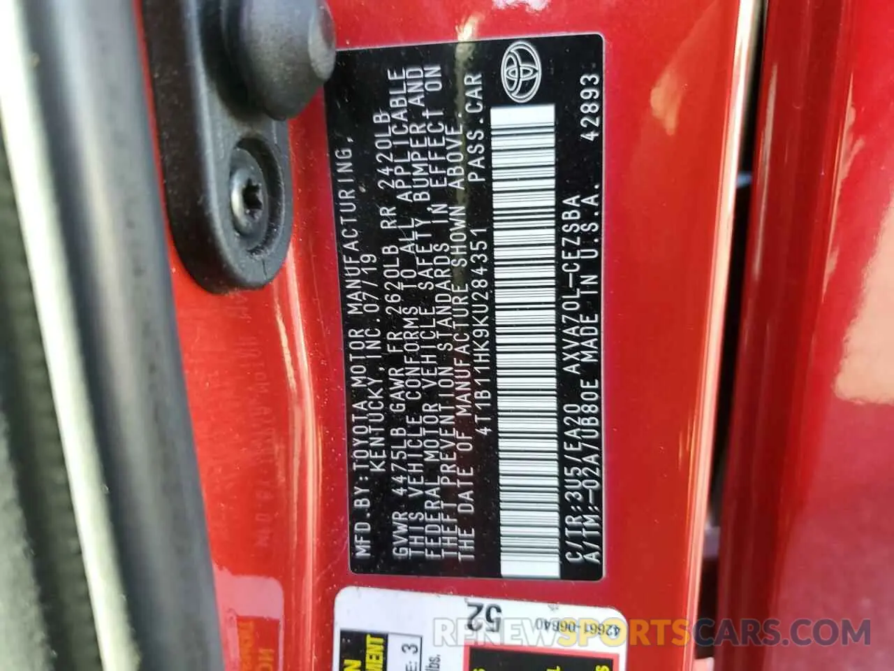 12 fotografías del automóvil dañado 4T1B11HK9KU284351 TOYOTA CAMRY 2019