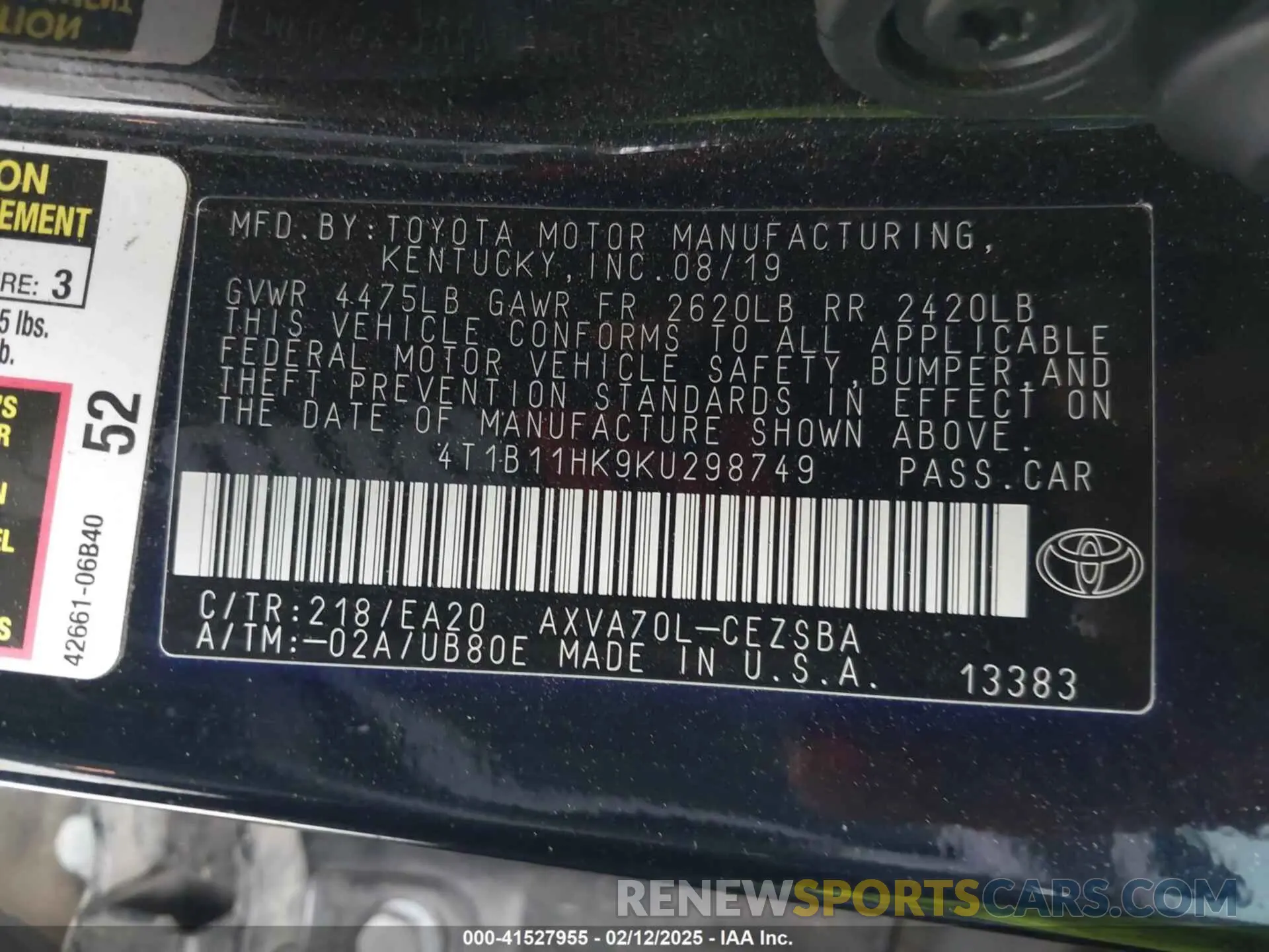 9 fotografías del automóvil dañado 4T1B11HK9KU298749 TOYOTA CAMRY 2019