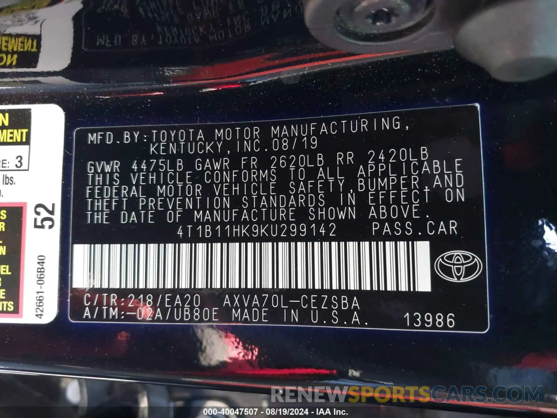 9 fotografías del automóvil dañado 4T1B11HK9KU299142 TOYOTA CAMRY 2019