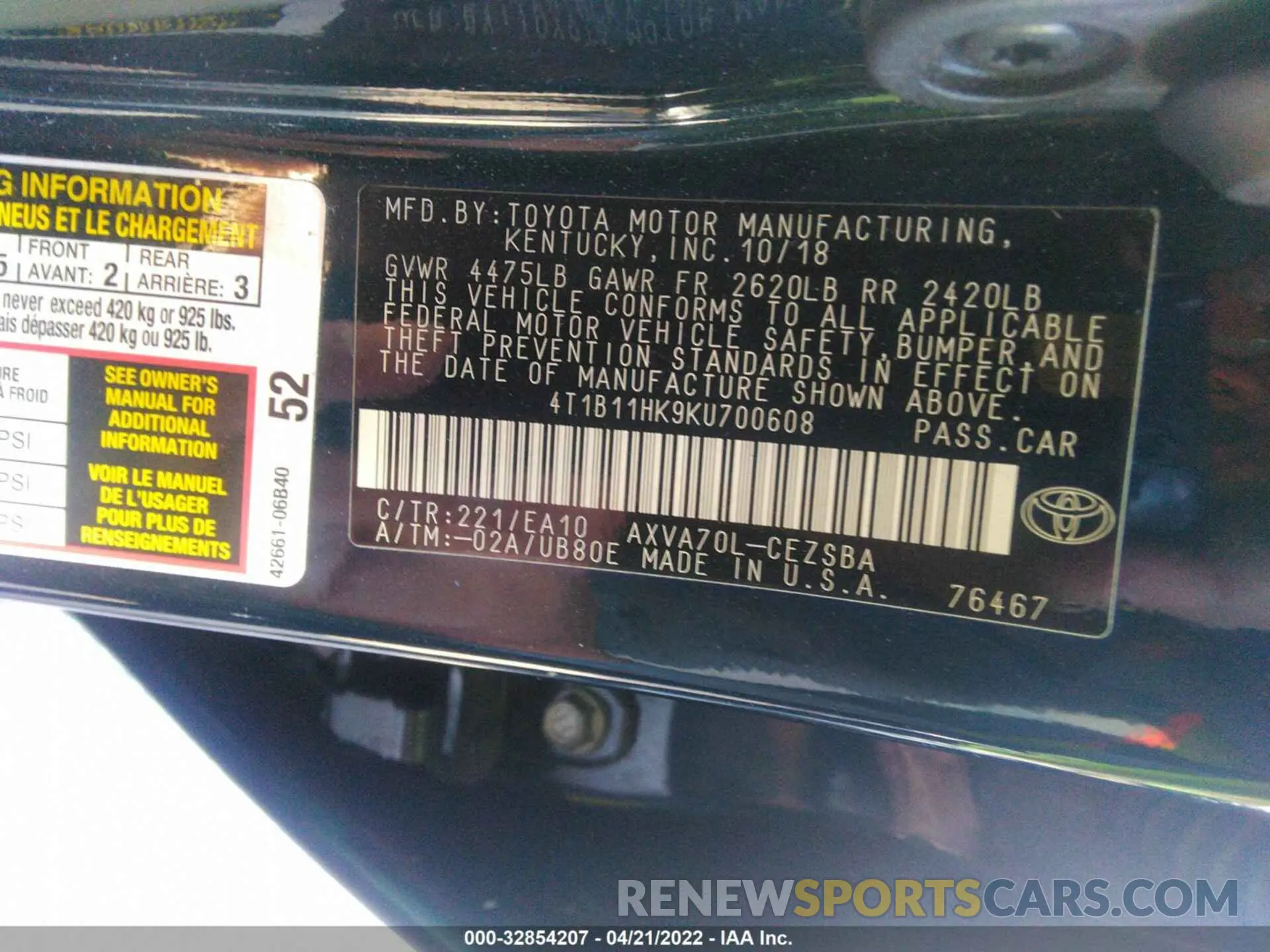 9 fotografías del automóvil dañado 4T1B11HK9KU700608 TOYOTA CAMRY 2019