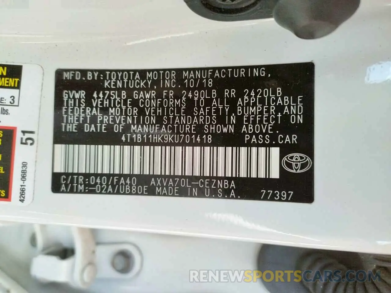 10 fotografías del automóvil dañado 4T1B11HK9KU701418 TOYOTA CAMRY 2019