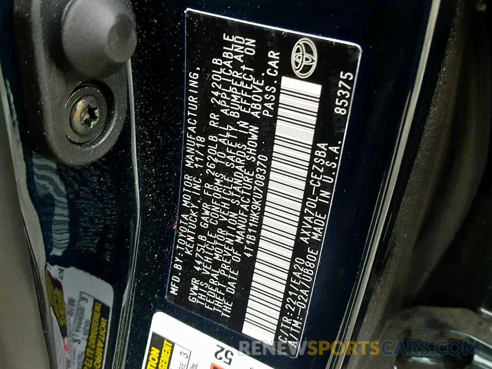 10 fotografías del automóvil dañado 4T1B11HK9KU708370 TOYOTA CAMRY 2019