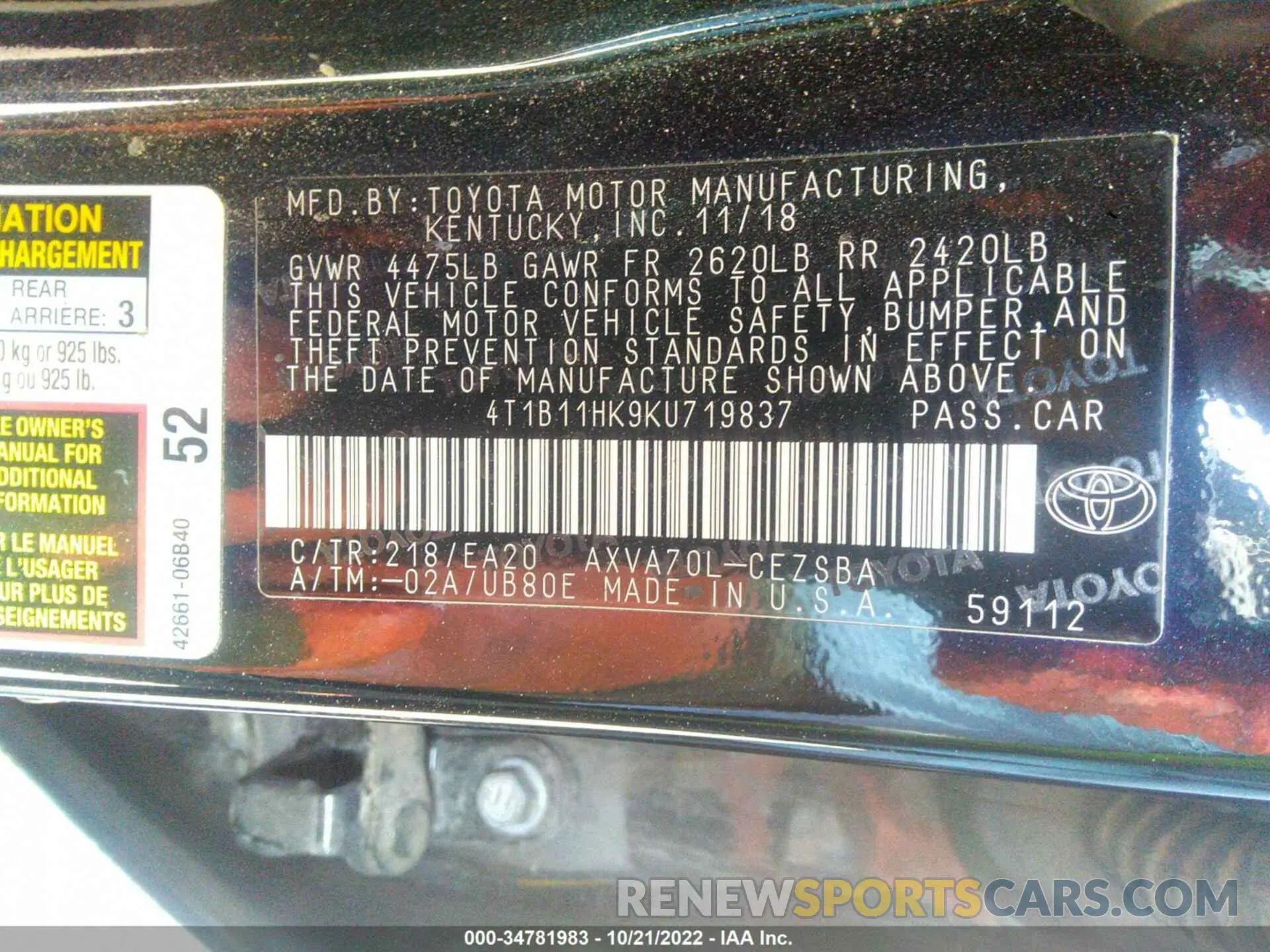 9 fotografías del automóvil dañado 4T1B11HK9KU719837 TOYOTA CAMRY 2019