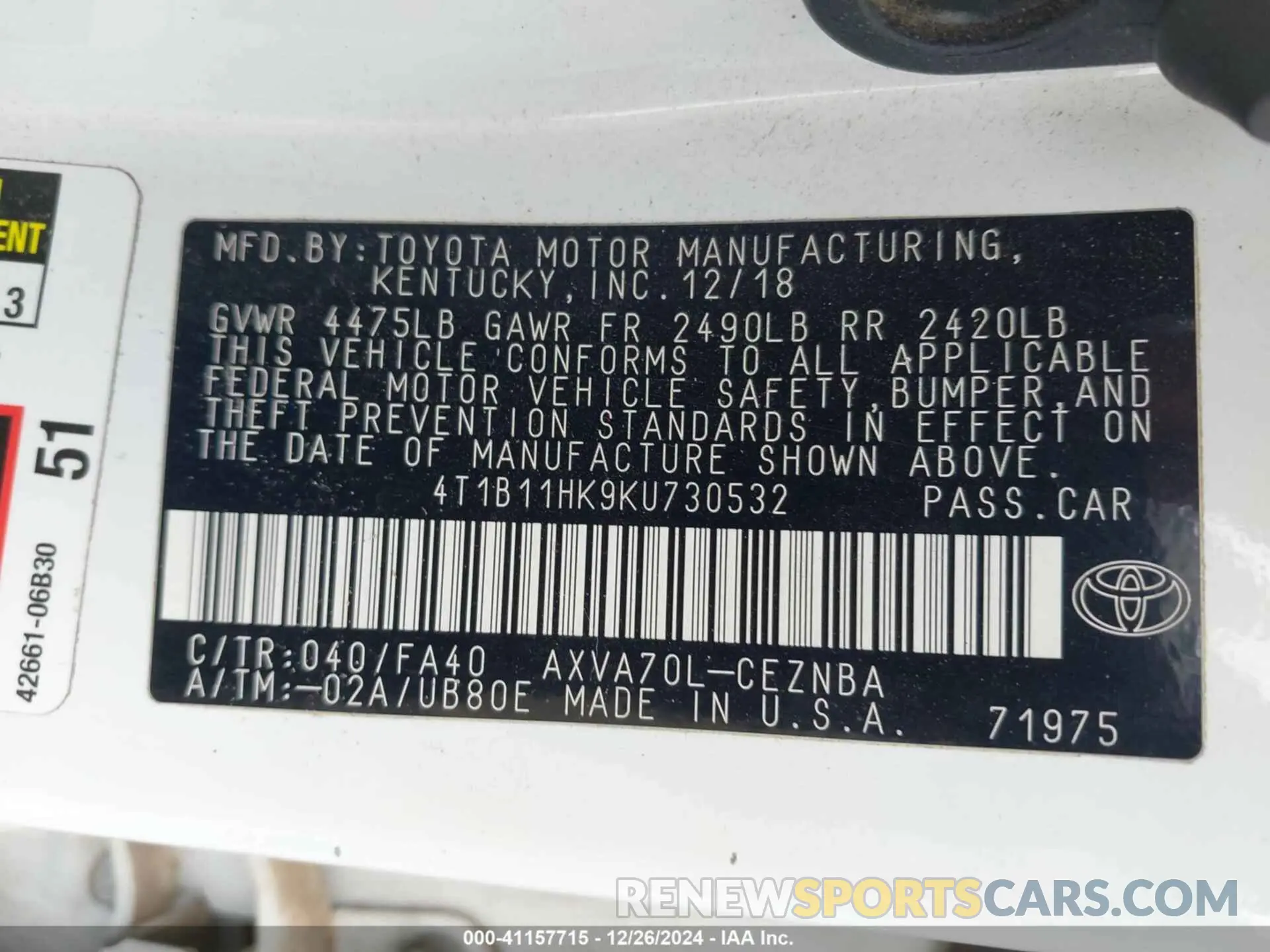 9 fotografías del automóvil dañado 4T1B11HK9KU730532 TOYOTA CAMRY 2019