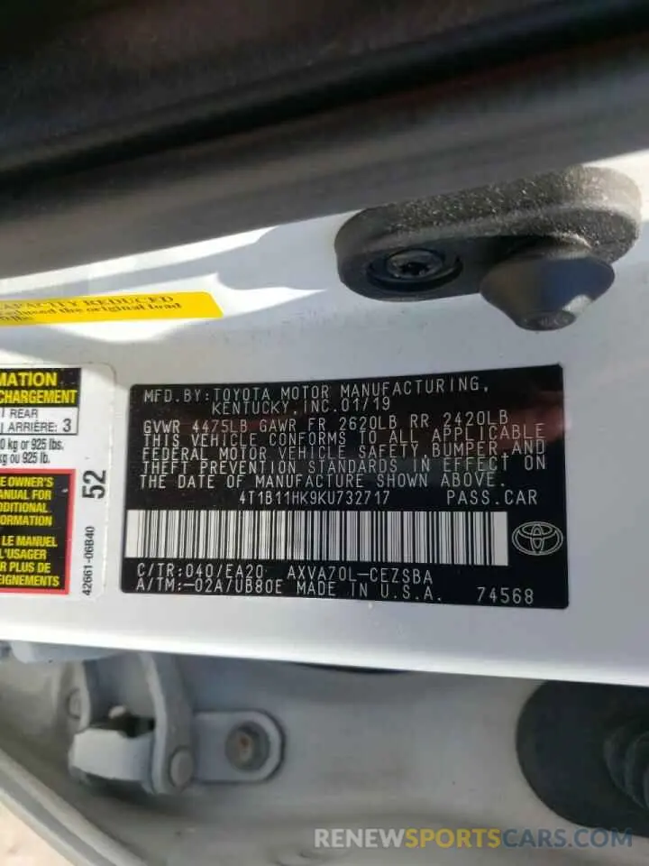 10 fotografías del automóvil dañado 4T1B11HK9KU732717 TOYOTA CAMRY 2019