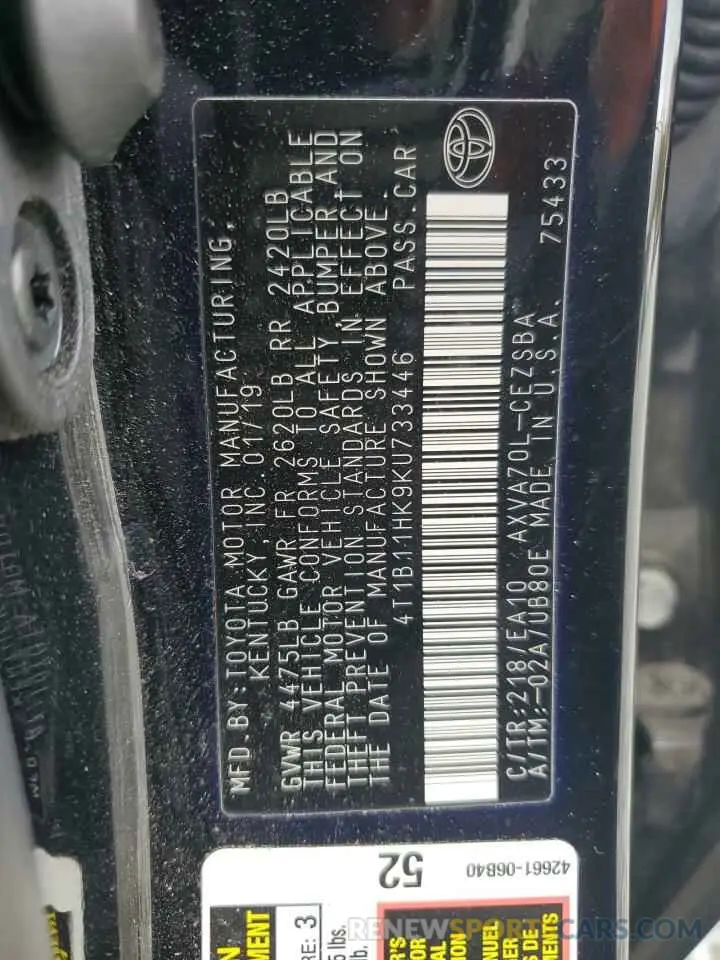 12 fotografías del automóvil dañado 4T1B11HK9KU733446 TOYOTA CAMRY 2019