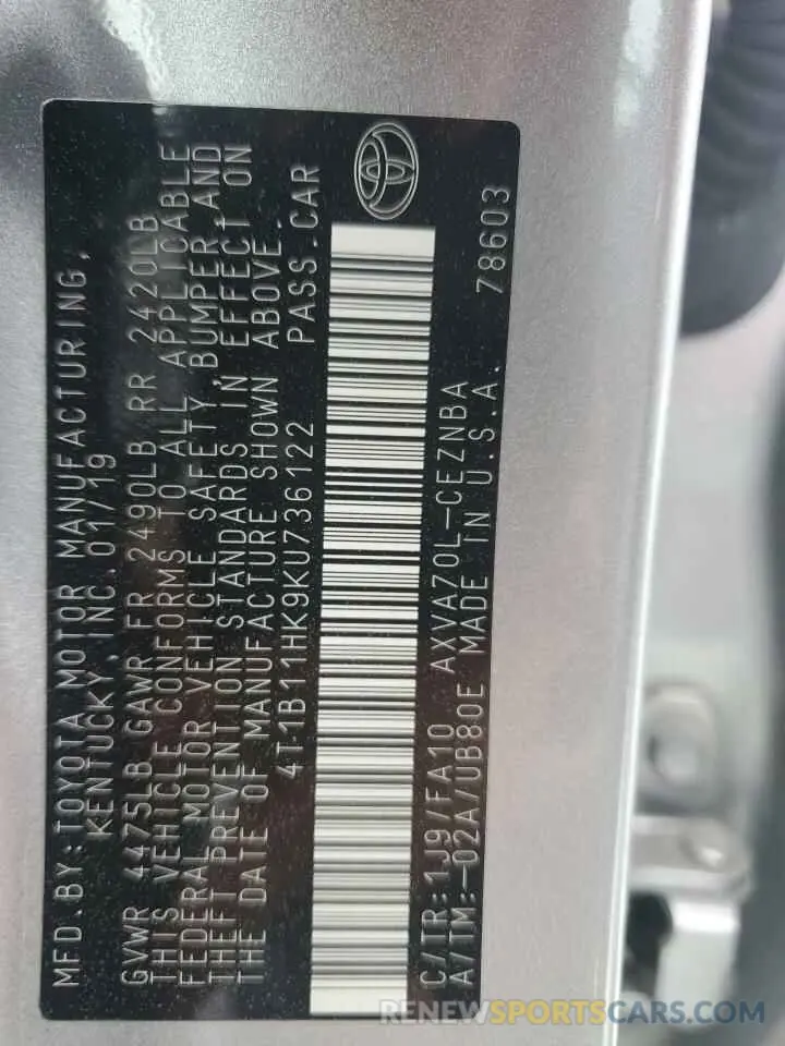 12 fotografías del automóvil dañado 4T1B11HK9KU736122 TOYOTA CAMRY 2019