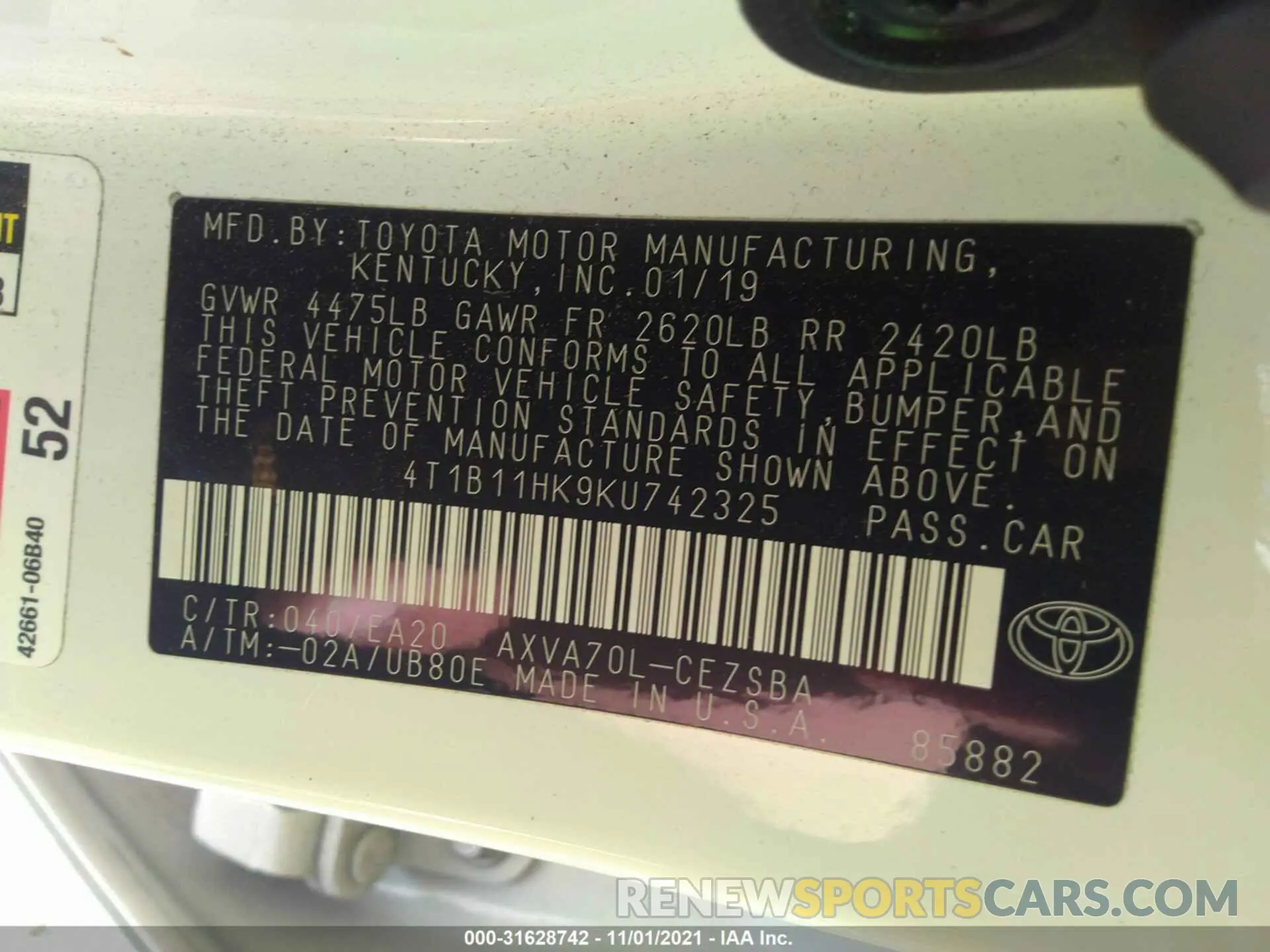 9 fotografías del automóvil dañado 4T1B11HK9KU742325 TOYOTA CAMRY 2019