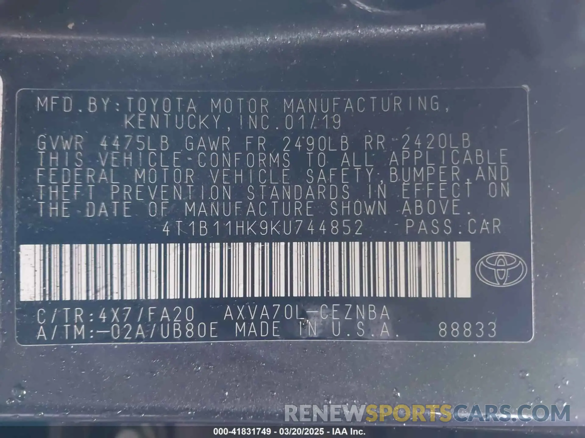 9 fotografías del automóvil dañado 4T1B11HK9KU744852 TOYOTA CAMRY 2019