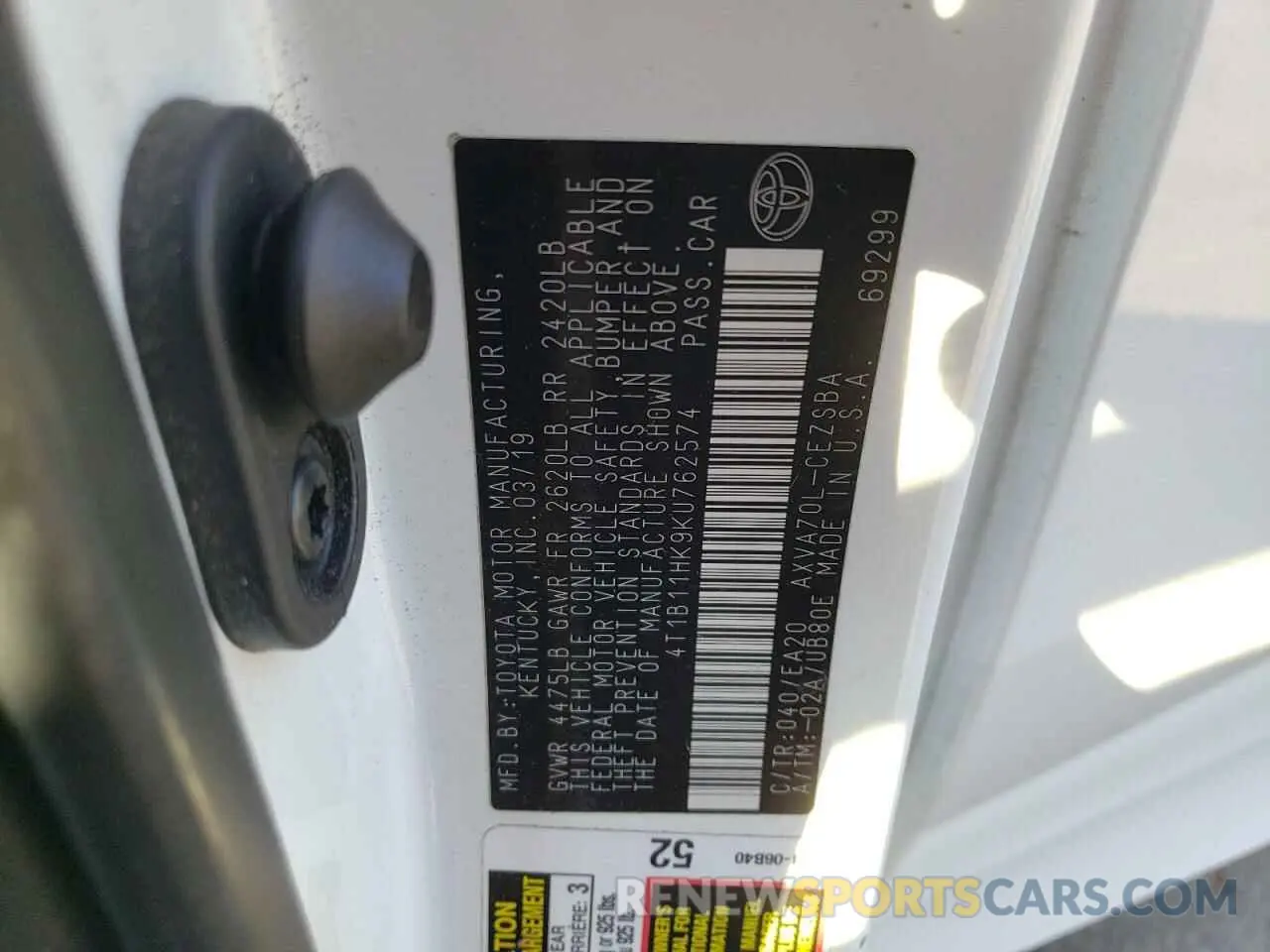 12 fotografías del automóvil dañado 4T1B11HK9KU762574 TOYOTA CAMRY 2019