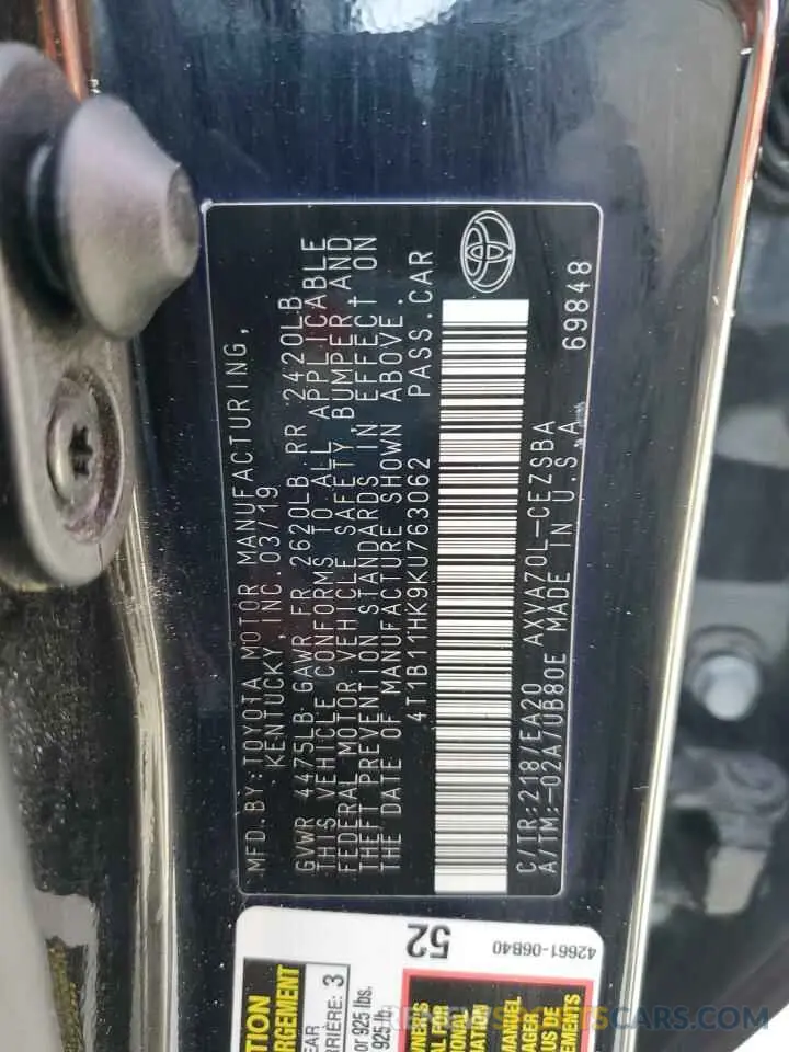 12 fotografías del automóvil dañado 4T1B11HK9KU763062 TOYOTA CAMRY 2019