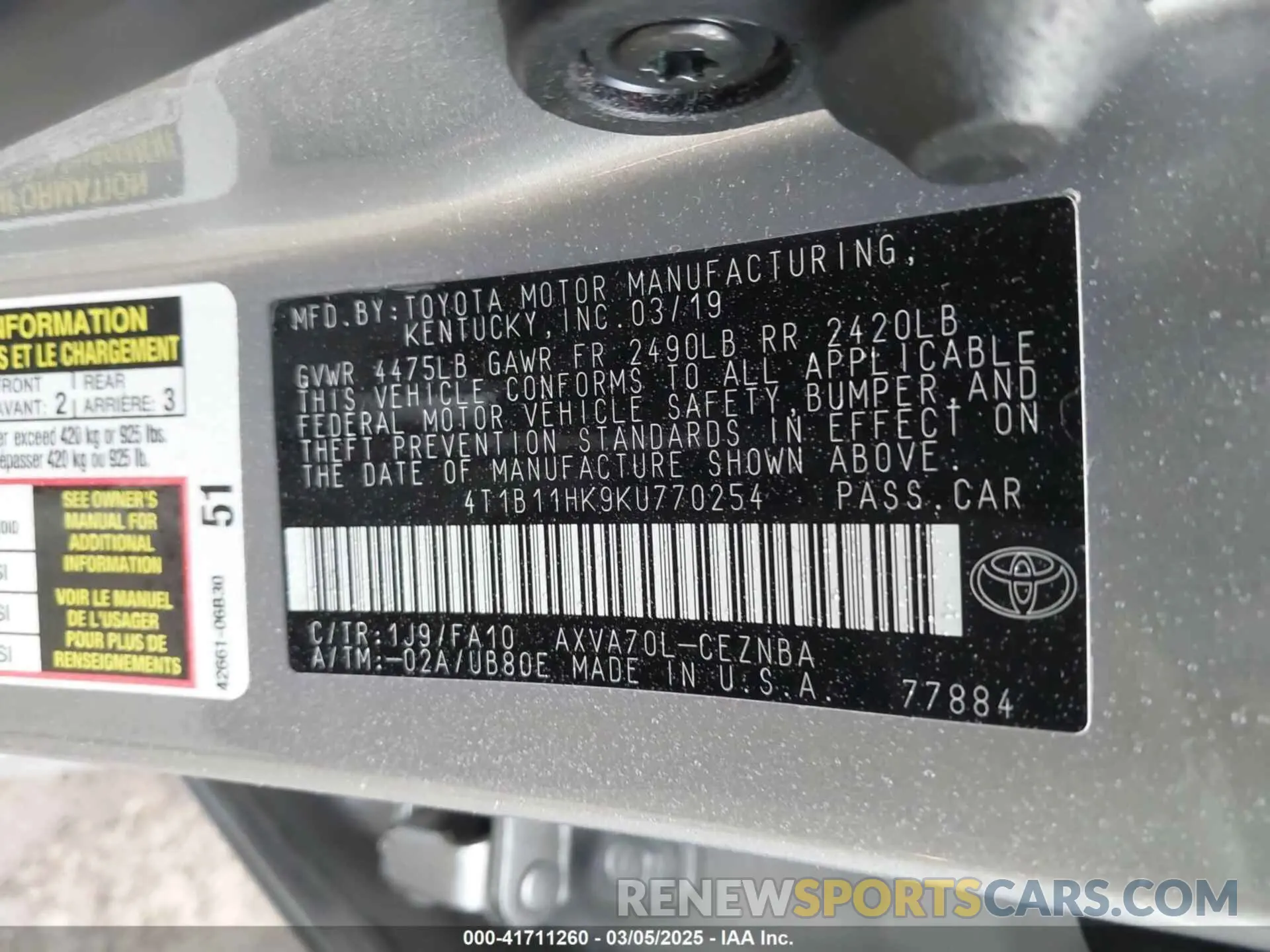 9 fotografías del automóvil dañado 4T1B11HK9KU770254 TOYOTA CAMRY 2019