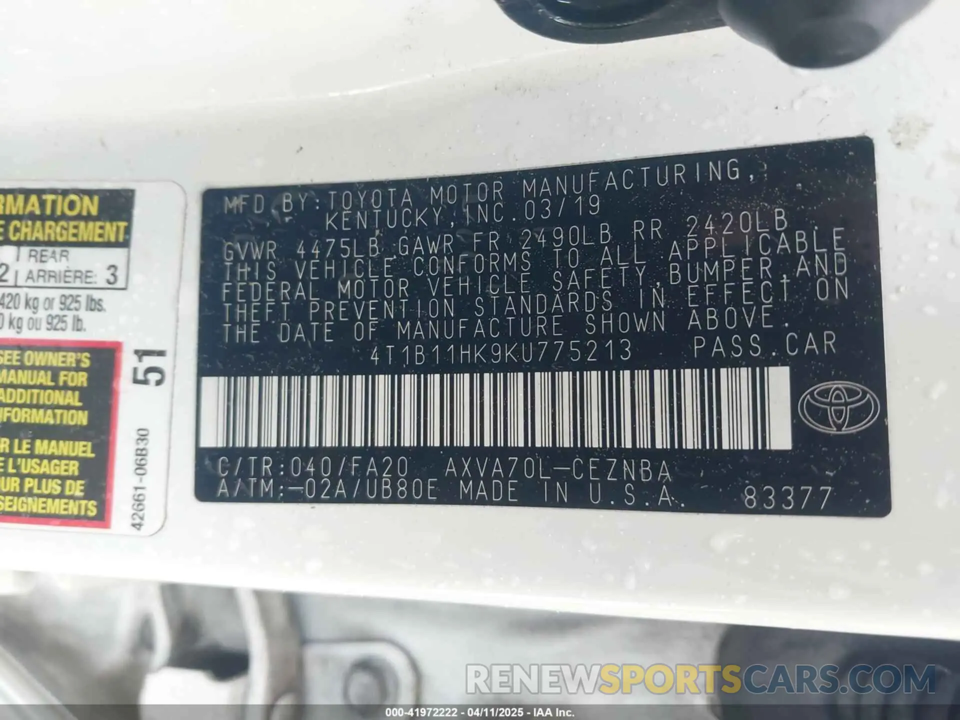 9 fotografías del automóvil dañado 4T1B11HK9KU775213 TOYOTA CAMRY 2019