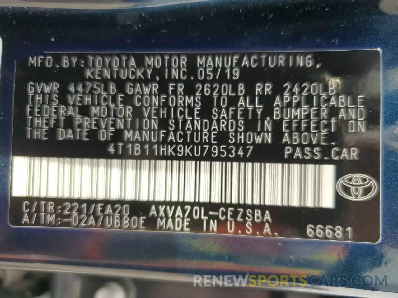 12 fotografías del automóvil dañado 4T1B11HK9KU795347 TOYOTA CAMRY 2019