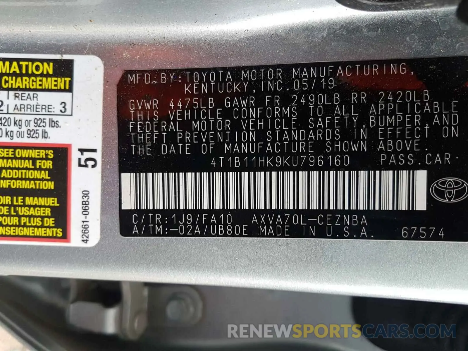10 fotografías del automóvil dañado 4T1B11HK9KU796160 TOYOTA CAMRY 2019