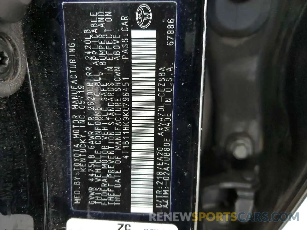 12 fotografías del automóvil dañado 4T1B11HK9KU796451 TOYOTA CAMRY 2019
