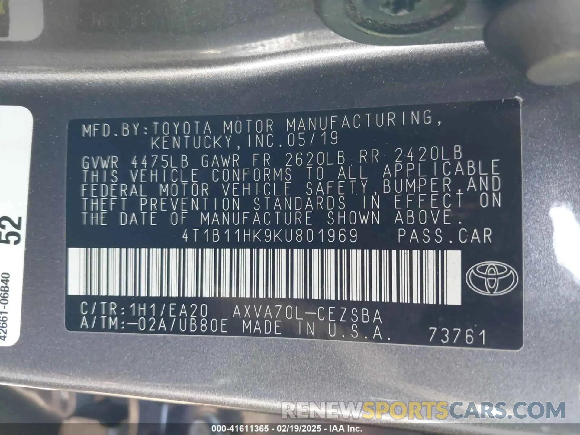 9 fotografías del automóvil dañado 4T1B11HK9KU801969 TOYOTA CAMRY 2019