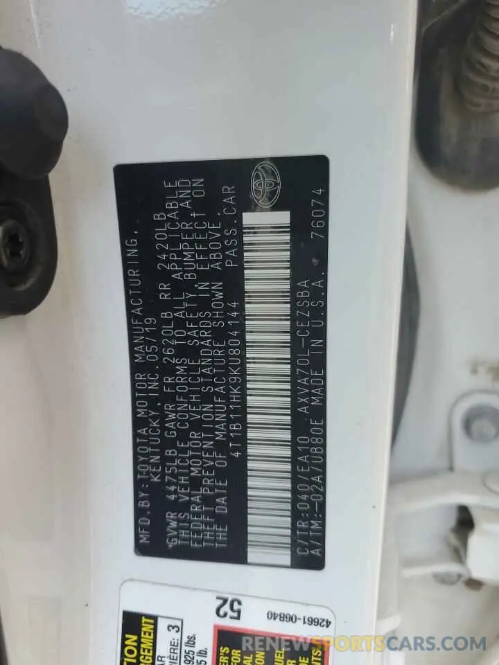 12 fotografías del automóvil dañado 4T1B11HK9KU804144 TOYOTA CAMRY 2019