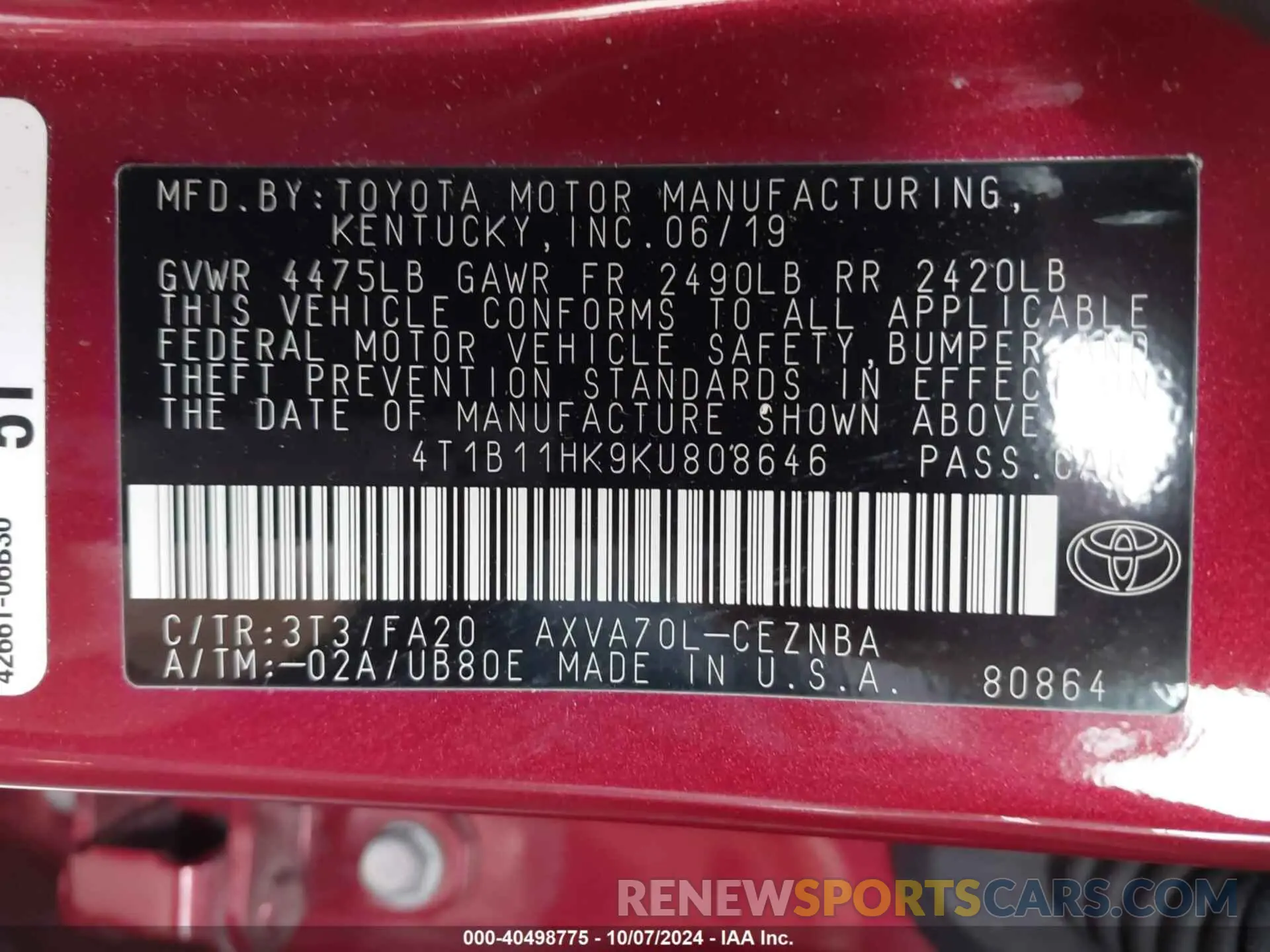 9 fotografías del automóvil dañado 4T1B11HK9KU808646 TOYOTA CAMRY 2019