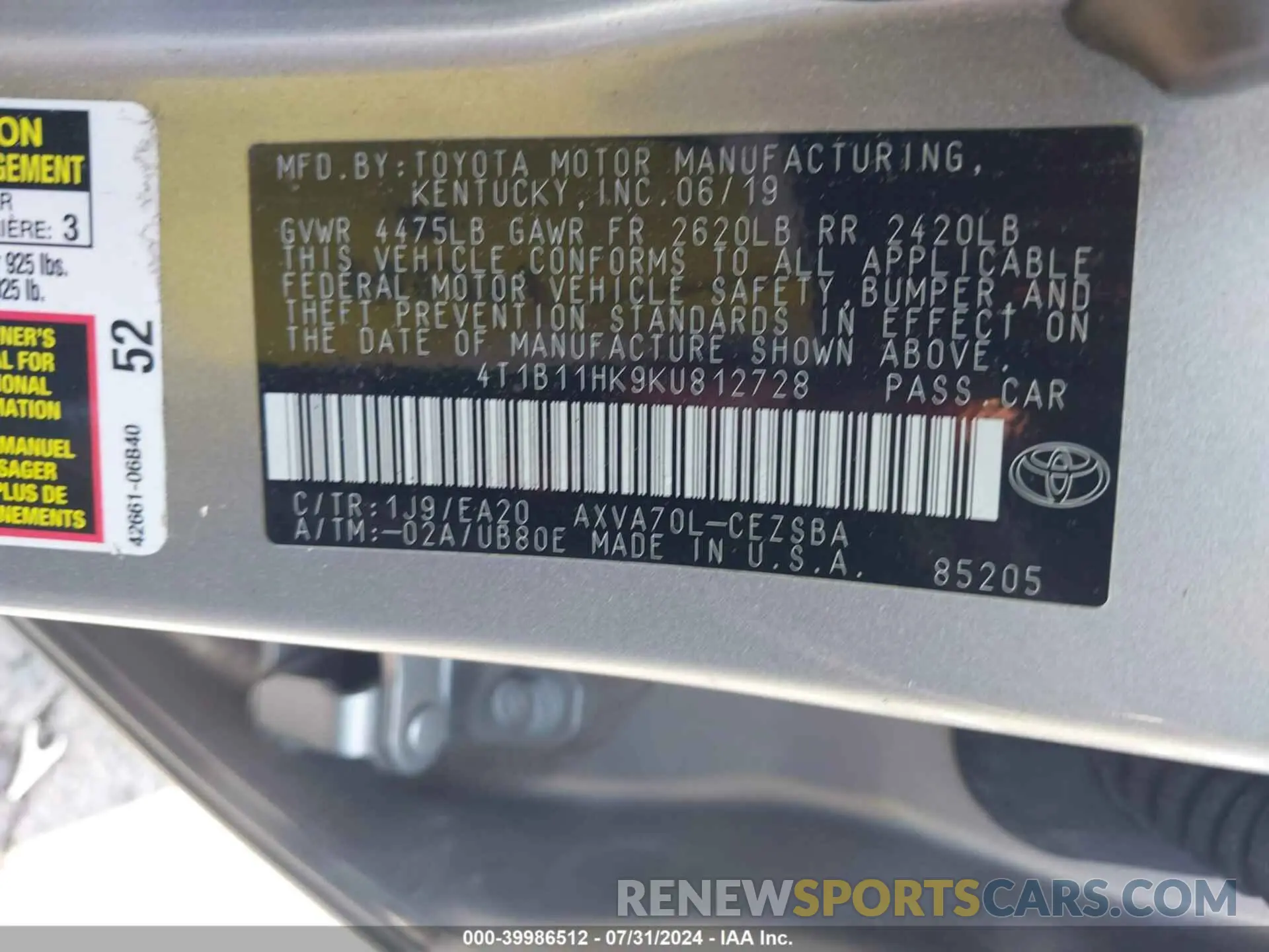 9 fotografías del automóvil dañado 4T1B11HK9KU812728 TOYOTA CAMRY 2019