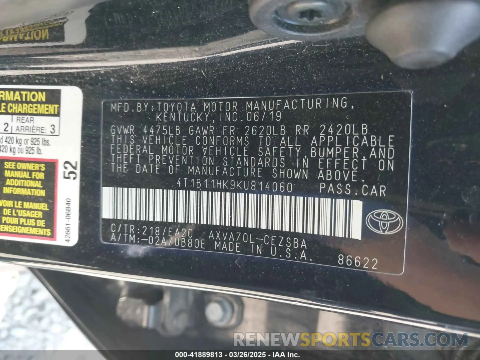 9 fotografías del automóvil dañado 4T1B11HK9KU814060 TOYOTA CAMRY 2019