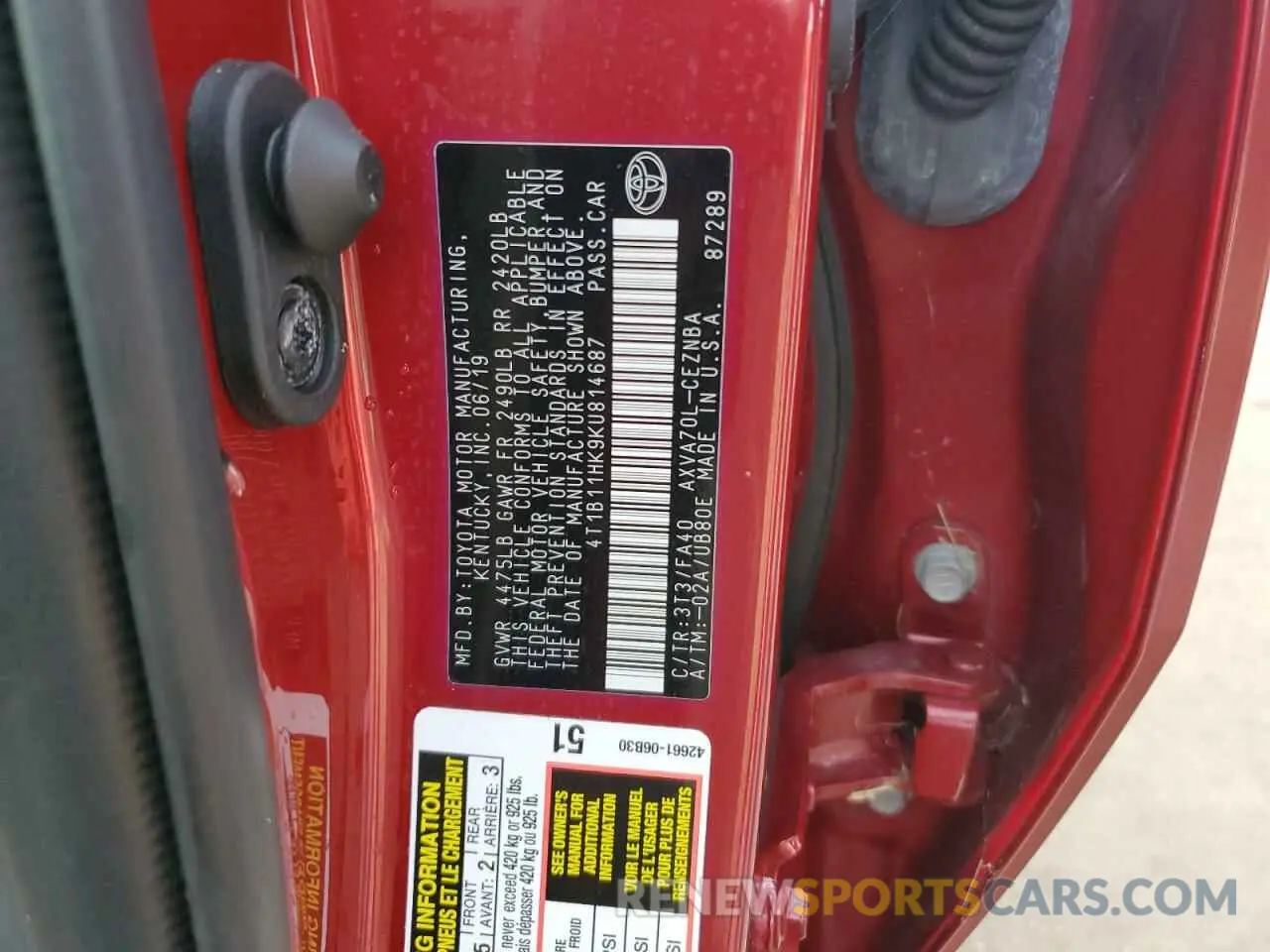 13 fotografías del automóvil dañado 4T1B11HK9KU814687 TOYOTA CAMRY 2019