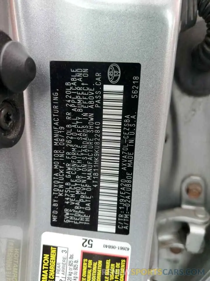 12 fotografías del automóvil dañado 4T1B11HK9KU822840 TOYOTA CAMRY 2019