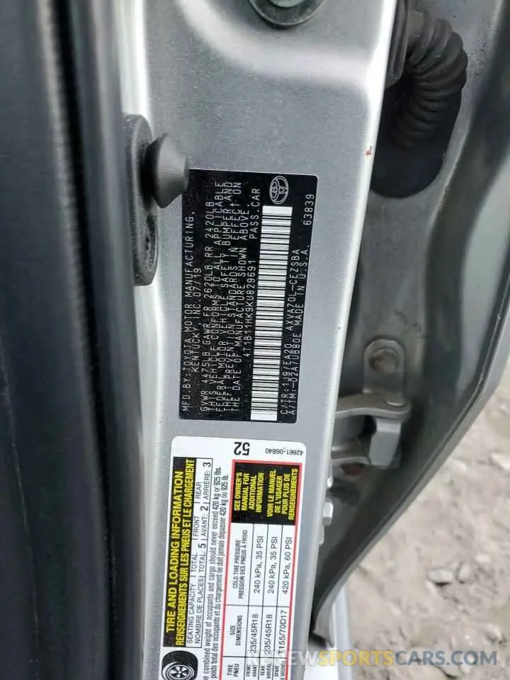 12 fotografías del automóvil dañado 4T1B11HK9KU829691 TOYOTA CAMRY 2019