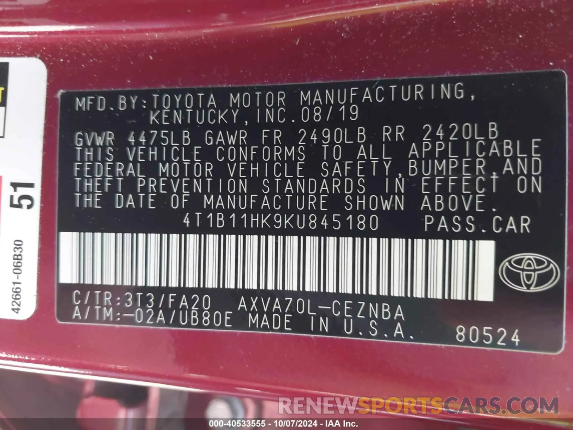9 fotografías del automóvil dañado 4T1B11HK9KU845180 TOYOTA CAMRY 2019